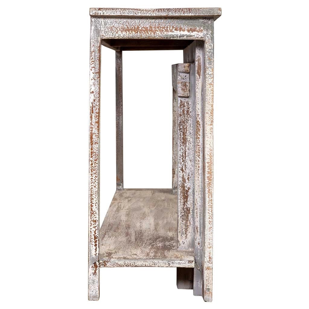 Mobile da ingresso in legno intagliato con finitura marrone invecchiato fatto a mano 160x39x86