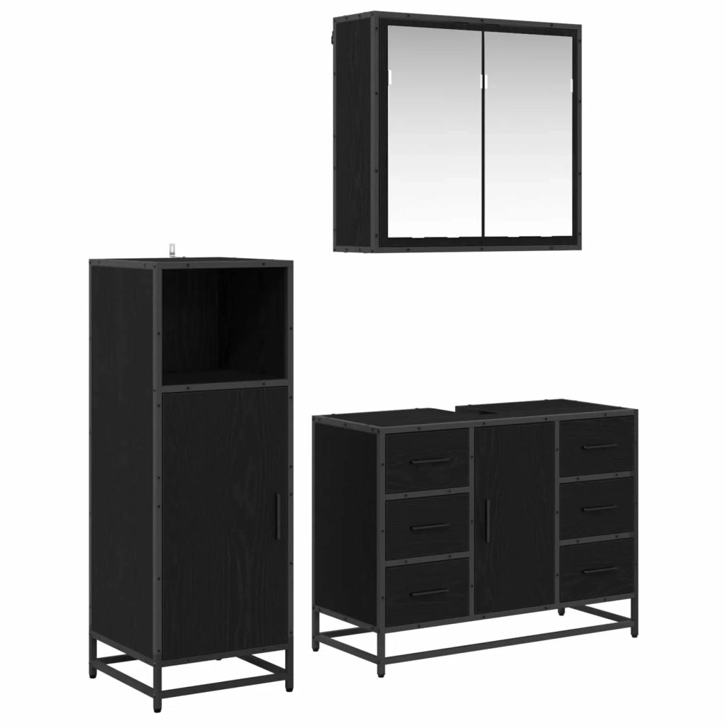 Set di mobili per il bagno 3 pcs Rovere Nero Legno multistrato