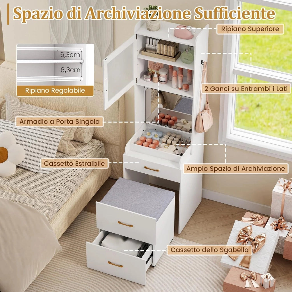 Toeletta da Trucco con Sgabello, Tavolo da Trucco con Specchio Ribaltabile Stazione di Ricarica, Ripiano Regolabile, Postazione Trucco con 2 Cassetti, Ganci, per Camera da Letto Soggiorno