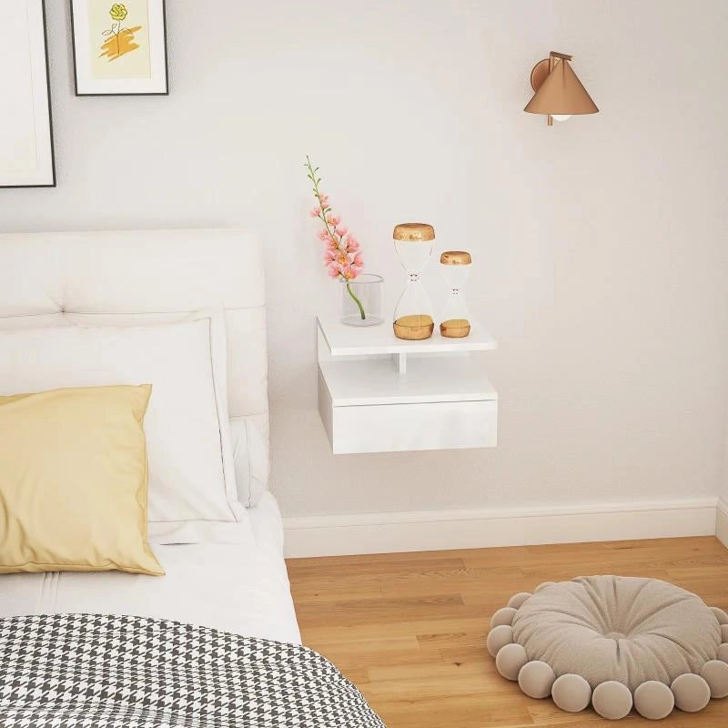 COMODINO SOSPESO PER CAMERA DA LETTO CON CASSETTO E RIPIANO APERTO IN LEGNO, 35X32X22.5 CM, BIANCO