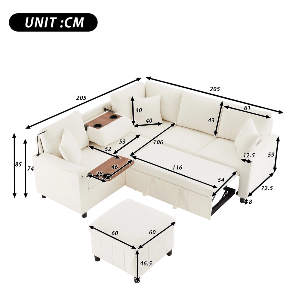 Divano angolare convertibile con letto estraibile, lampada da lettura e pouf contenitore in chenille beige 205 × 205 × 85 cm