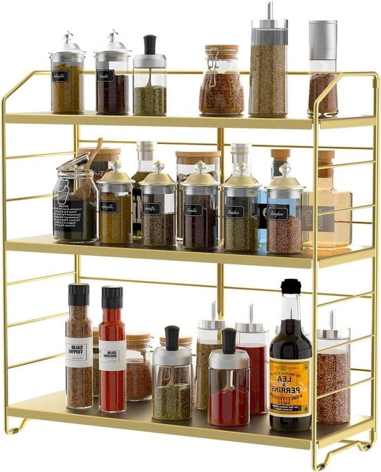 Organizzatore per spezie in tre livelli regolabile in altezza per la conservazione e l'organizzazione della cucina - tavolo di conservazione per flaconi - organizzatore per la camera da bagno e la cosmetica (oro)