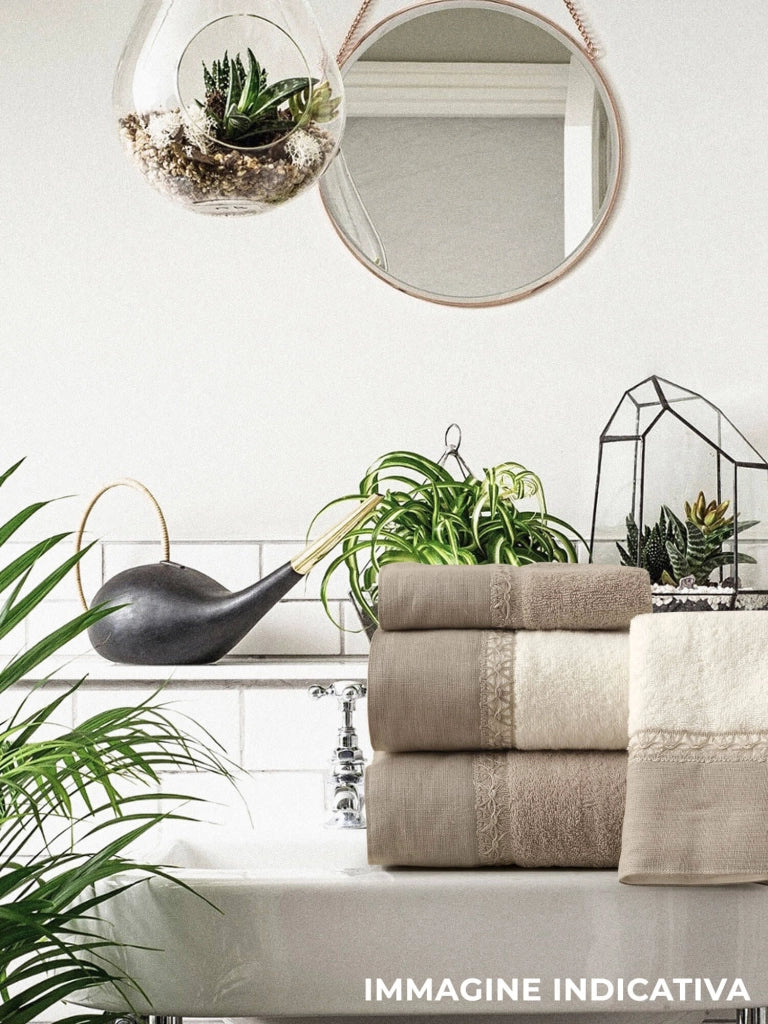 Set Spugna 4 Pezzi Asciugamani Viso + Ospite con Balza e Trina di Lino Garrini Bryanna Bronzo