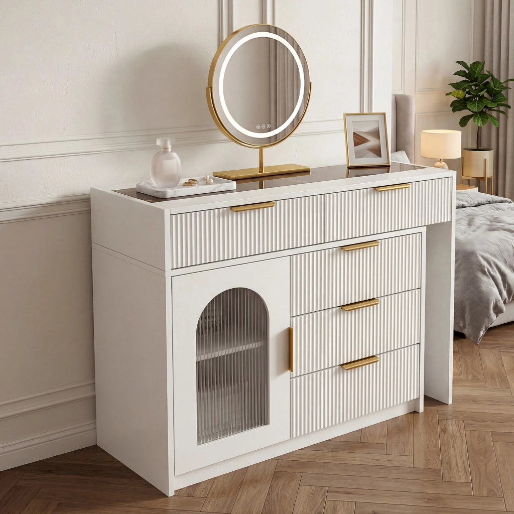 Toeletta con piano estraibile; specchio LED; cassetti e vani con fronti a rilievo; per camera da letto; bianca