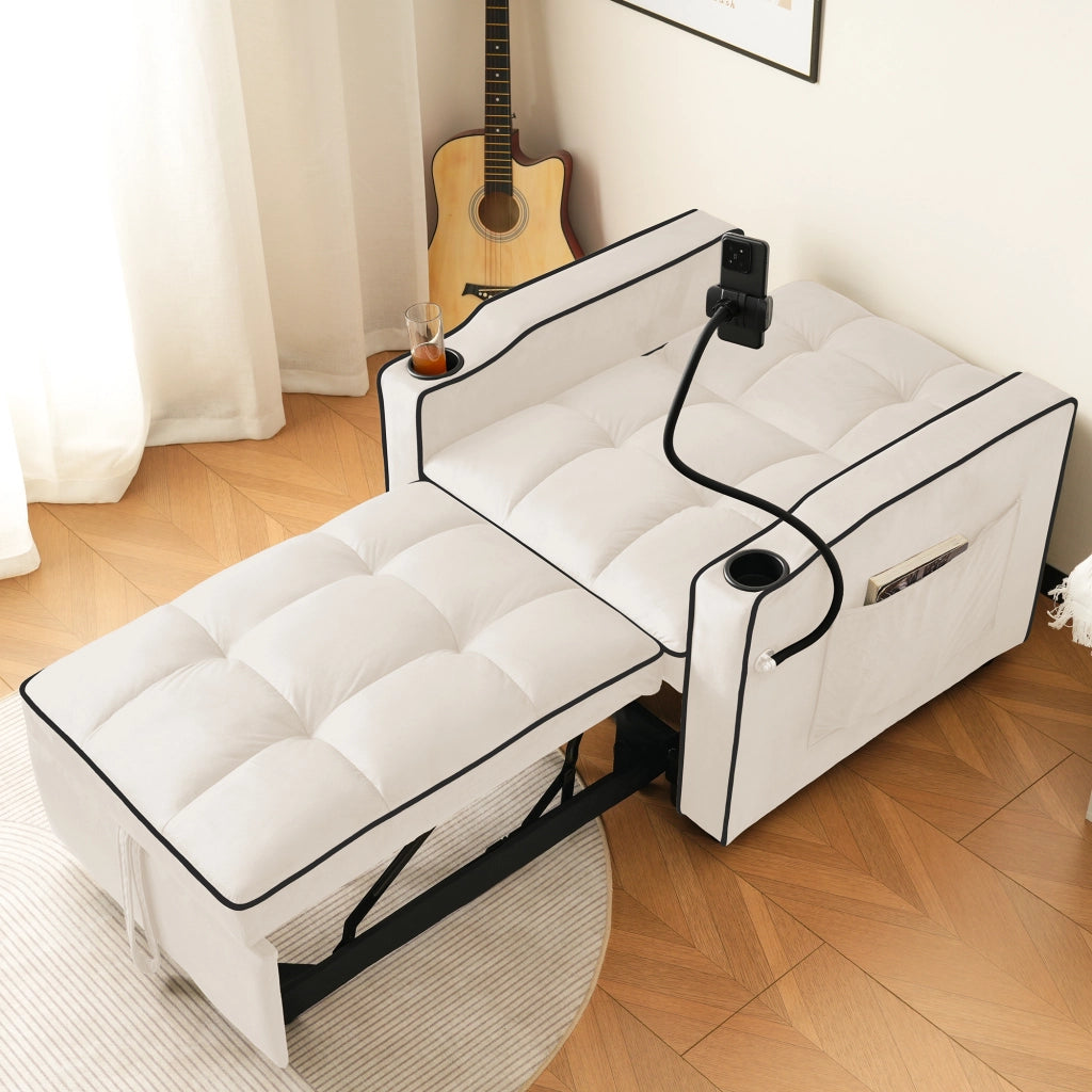 OKWISH Poltrona Letto Convertibile 3 in 1 con Schienale Regolabile Portabicchieri Supporto per Telefono Tasca Laterale Velluto Beige