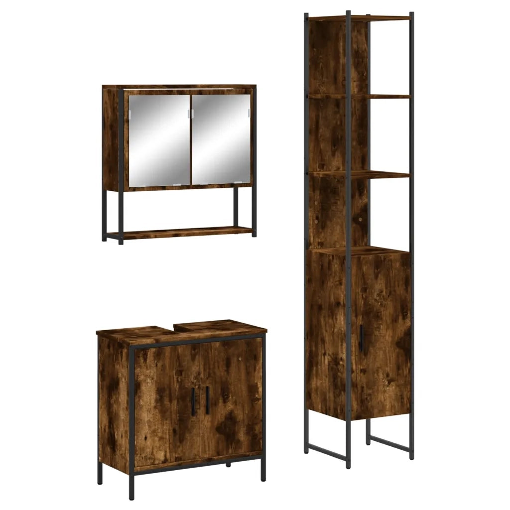 Set Mobili da Bagno | Armadio da bagno 3 pz Rovere Fumo in Legno Multistrato