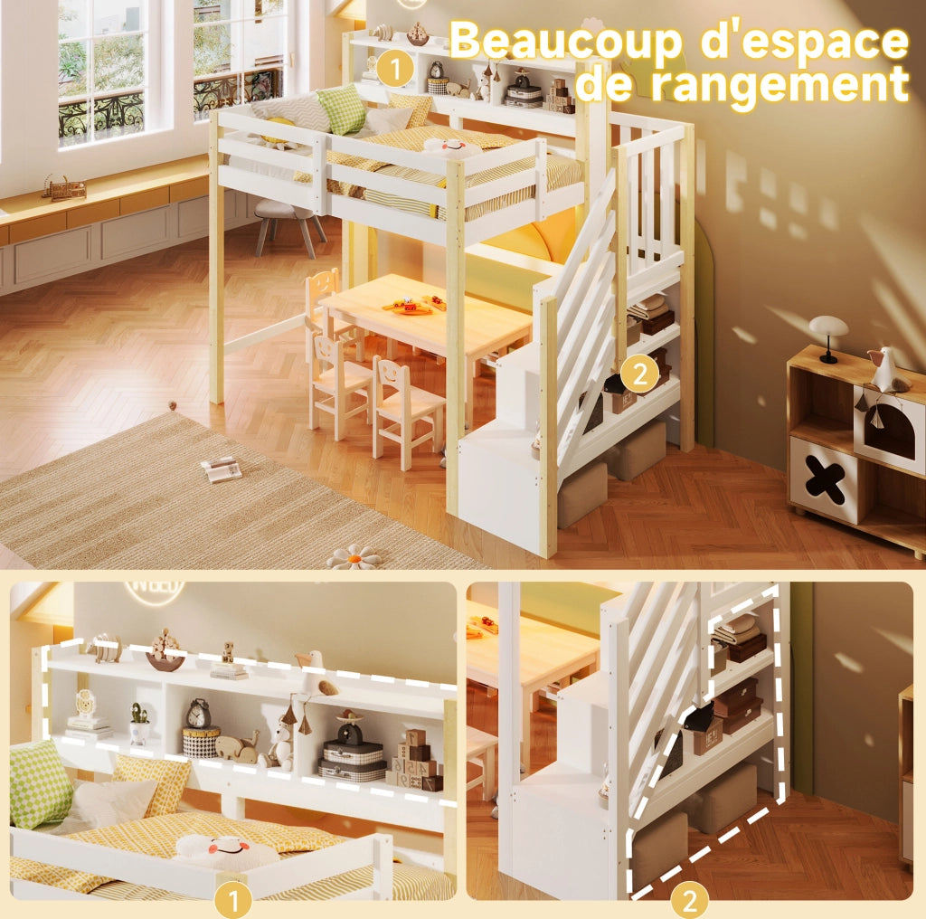 Letto a soppalco 90x200 cm con LED e scala contenitore