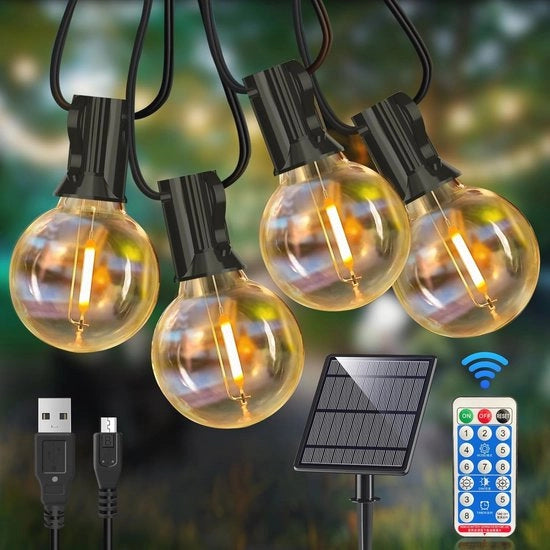 Cavo di Illuminazione Esterno con Lampadine LED a Dimmaggio - 50m, 25 LED G40, Impermeabile, Ricarica USB
