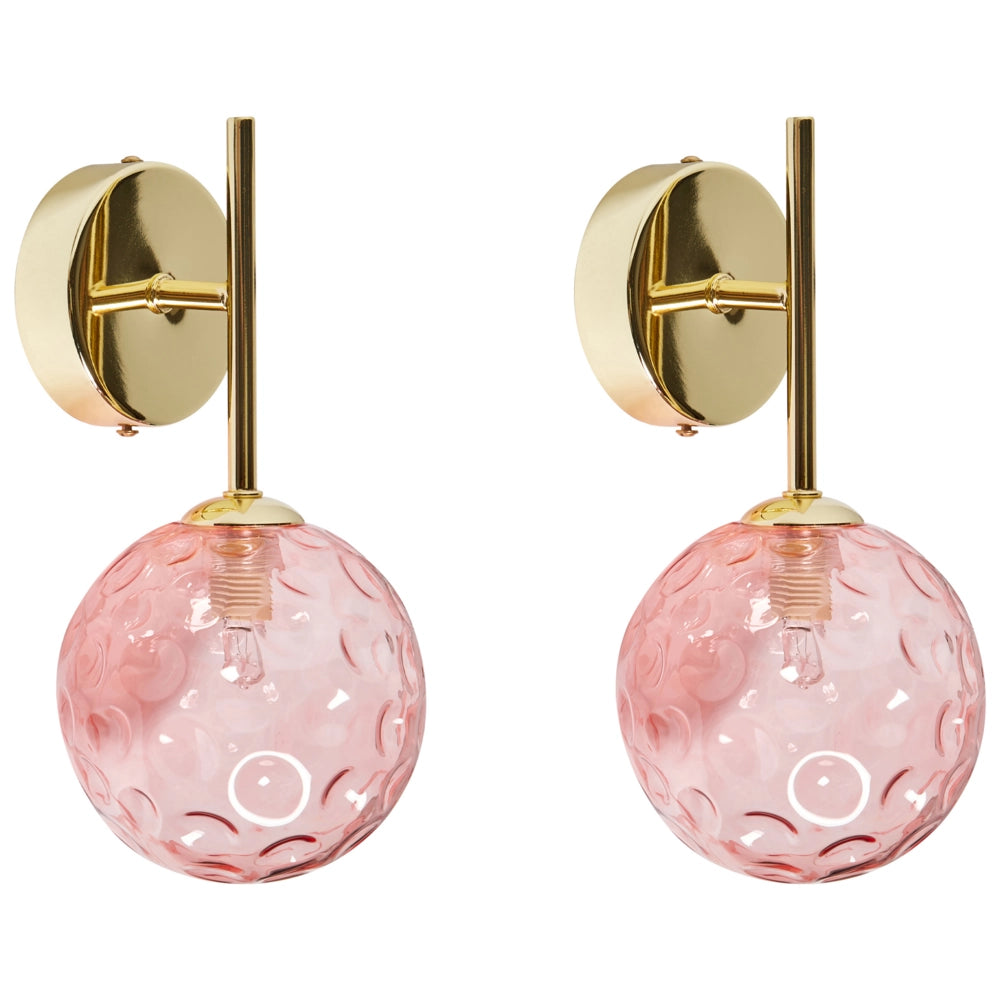 Set di 2 lampade da parete con paralume in vetro rosa e metallo dorato stile Industriale moderno