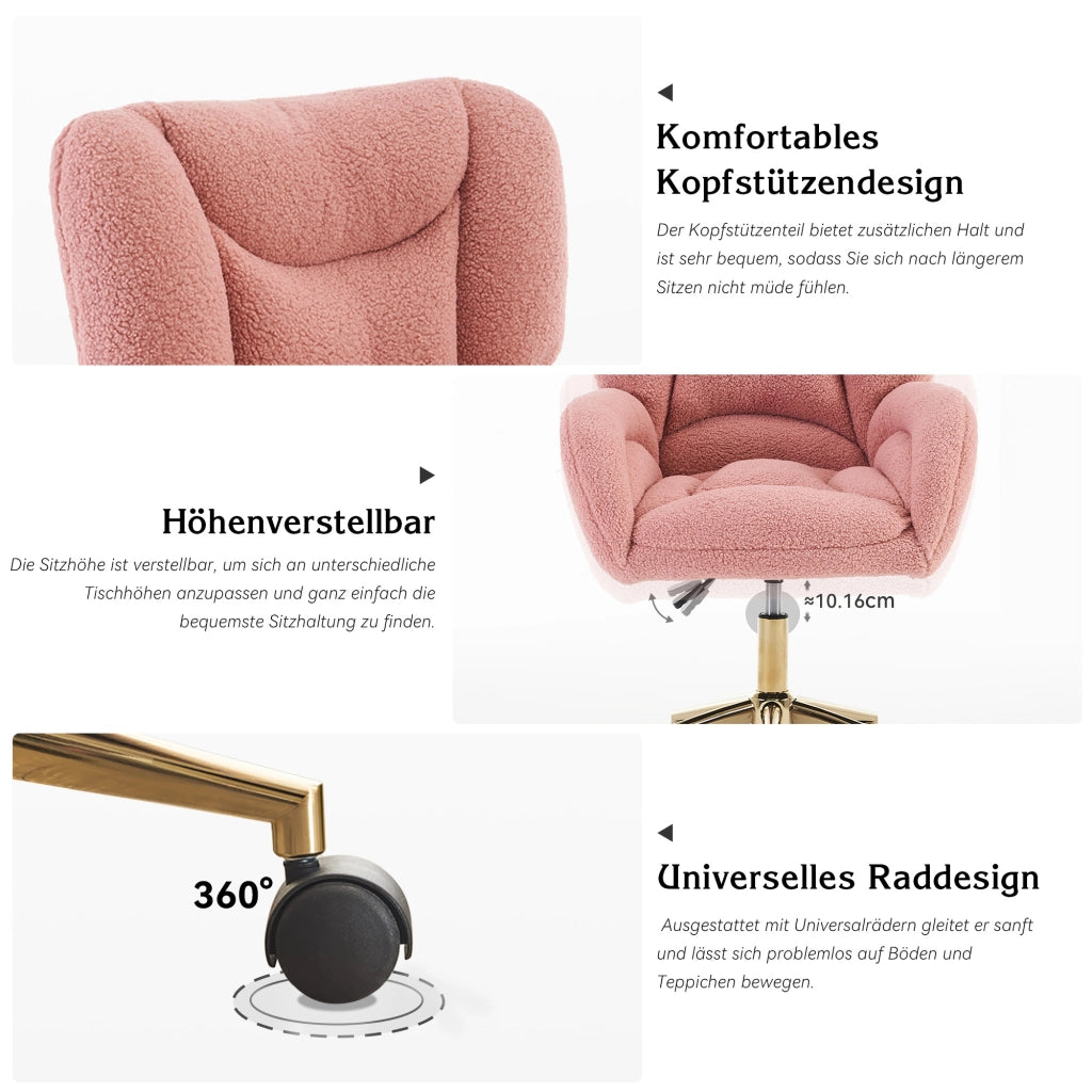 Sedia da ufficio girevole regolabile in altezza; con ruote a 360°; tessuto teddy; per ufficio e camera; rosa; 64 × 62 × 92.5 cm