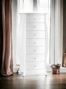 cassettiera in legno bombata Shabby chic bianco con pomelli in legno bianco