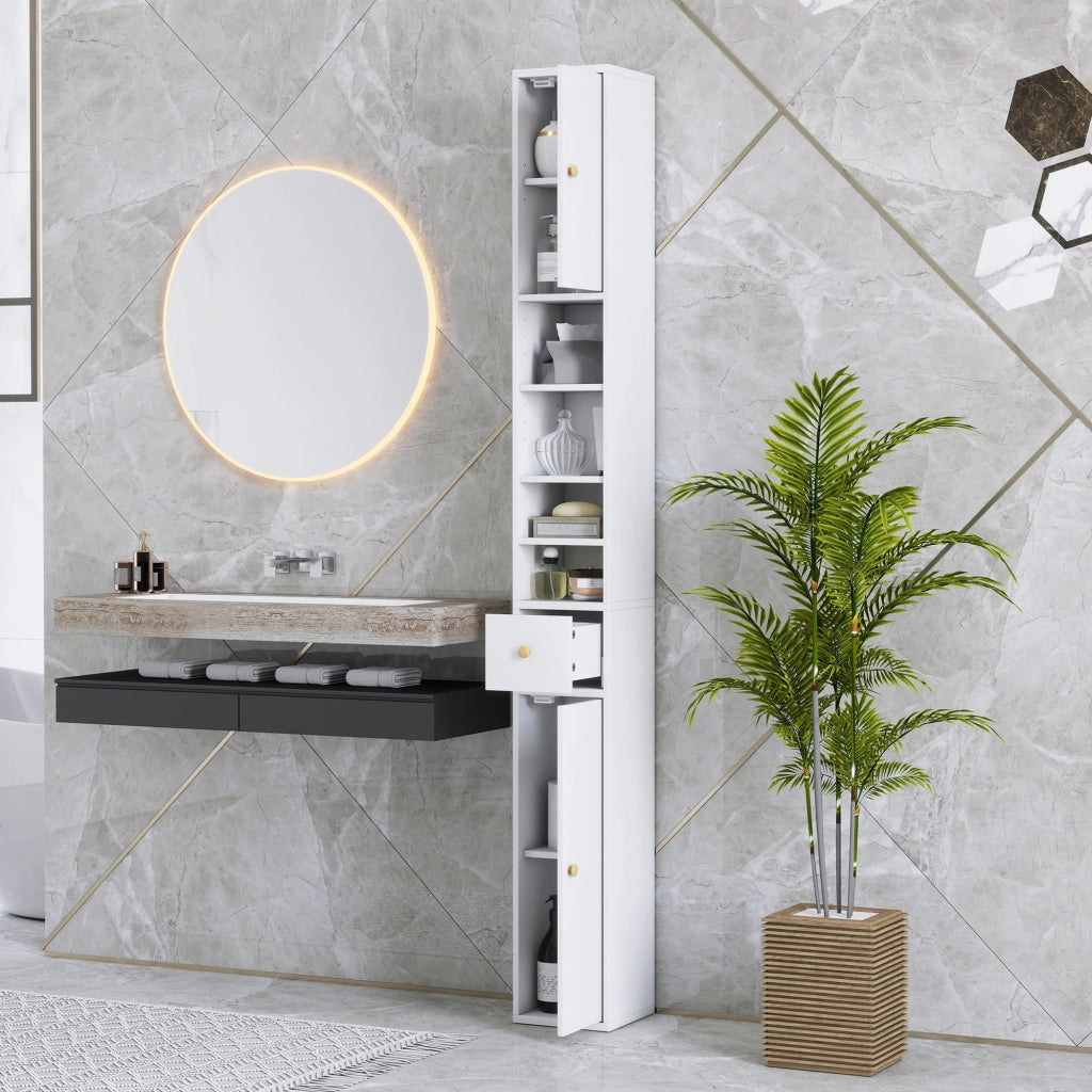 Colonna Bagno Salvaspazio con 2 Armadietti, 3 Ripiani e Cassetto ¨C zephmum ¨C Legno, Bianco, 20x20x178 cm