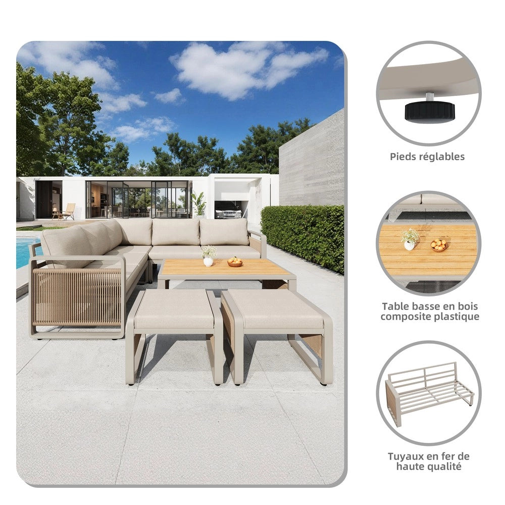 Set da giardino per 6-7 persone - Zephmum- Tessuto a mano, cuscini morbidi, piedi regolabili, beige