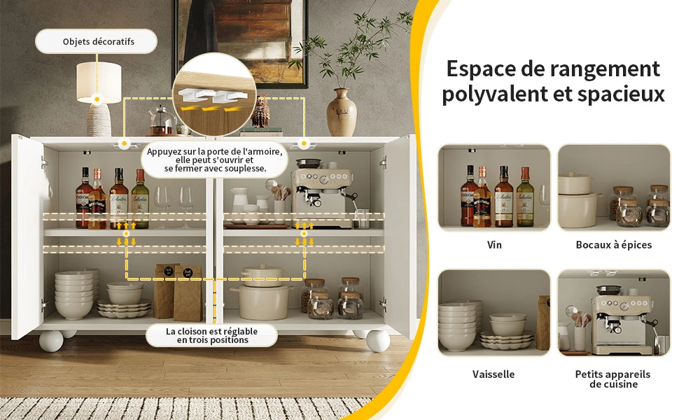 Credenza con ripiani regolabili e anti-ribaltamento in MDF e metallo bianca per soggiorno e sala da pranzo 120 × 35 × 71 cm