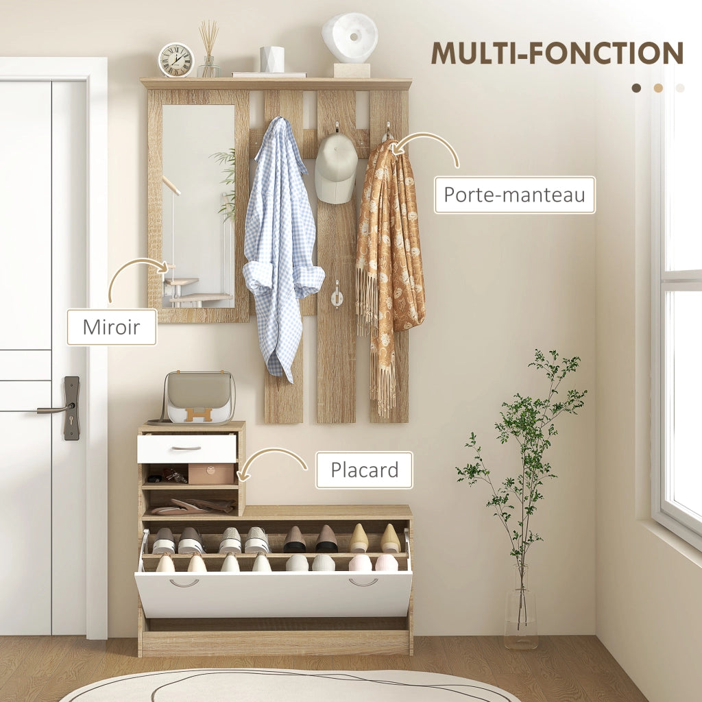 Mobile ingresso con appendiabiti, specchio e panca ¨C zephmum ¨C bianco, legno, 80x30x180 cm