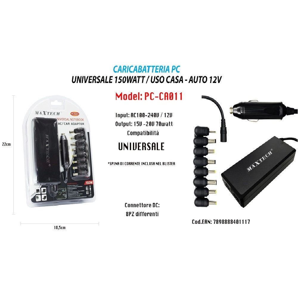 Trade Shop - Caricabatteria Alimentatore Universale Notebook Pc 150w Auto/casa Maxtech Pc-ca011 -