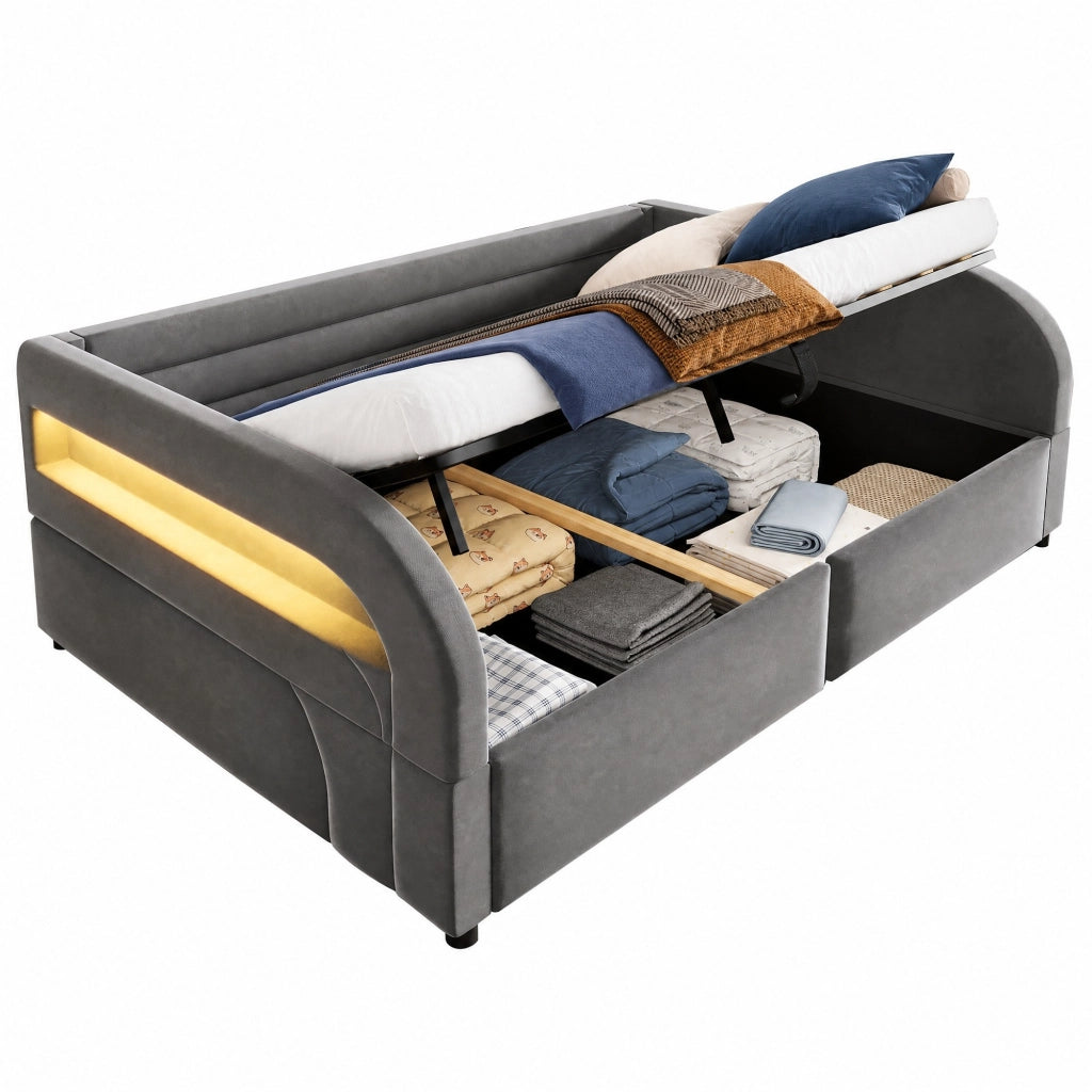 Letto Contenitore 140x200 cm con Sollevamento Idraulico; LED e Rivestimento in Flanella Grigia