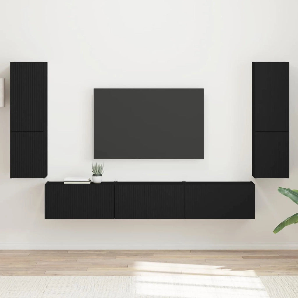 Set mobile TV Montaggio a parete 4 pcs Nero Legno multistrato