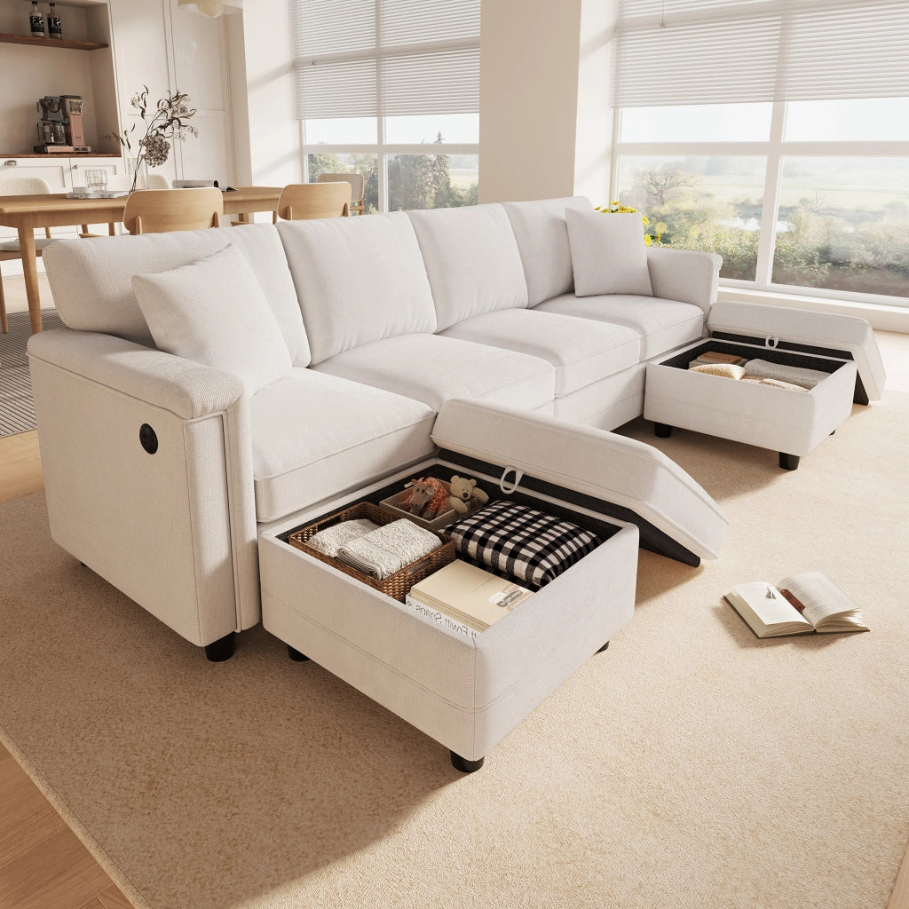 Divano modulare beige 261x134x82 cm con pouf contenitore; USB e Type-C