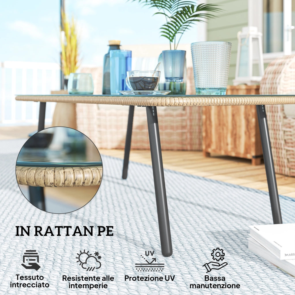 Tavolino da Giardino in Rattan PE con Piano in Vetro e Acciaio, 110x60x40 cm, Legno Naturale