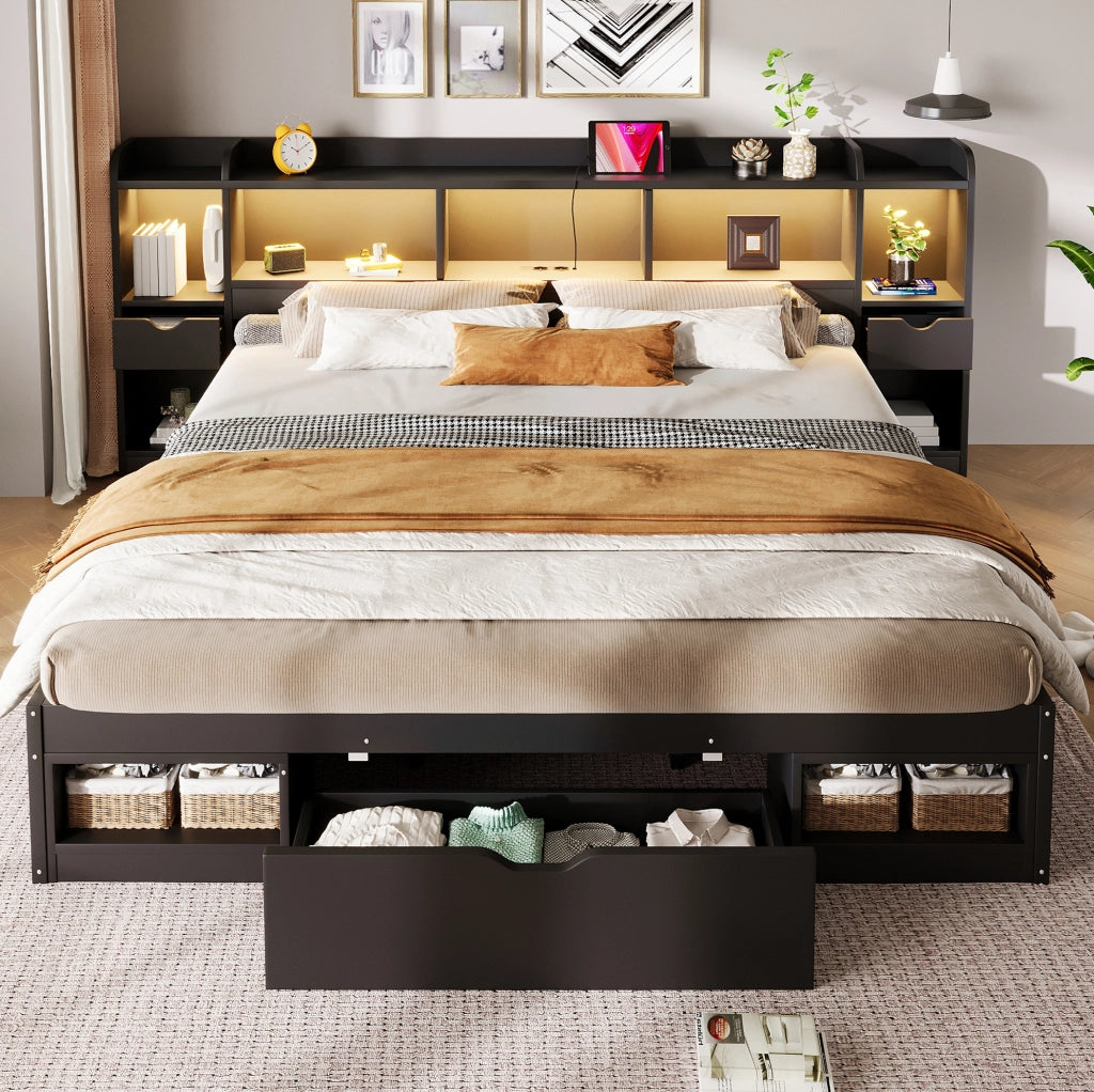 Letto contenitore 180x200 cm con LED, USB e 3 cassetti nero