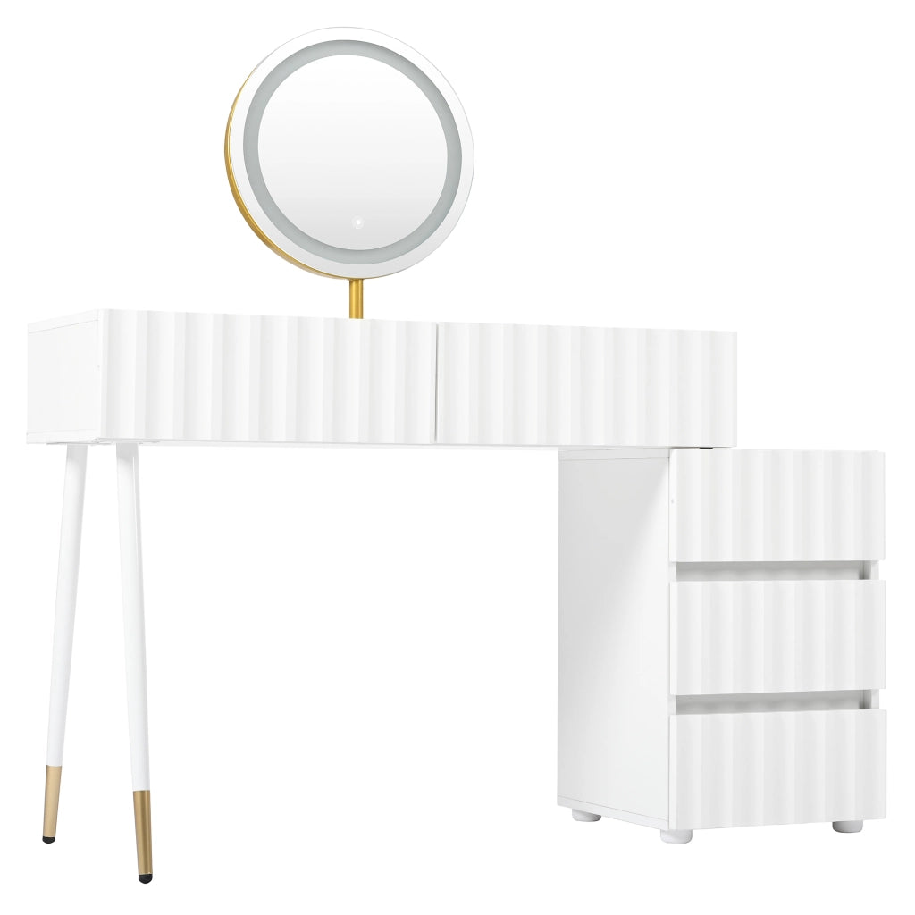 Tavolo da trucco bianco con specchio LED, 5 cassetti e mobile laterale, 100x40x127 cm