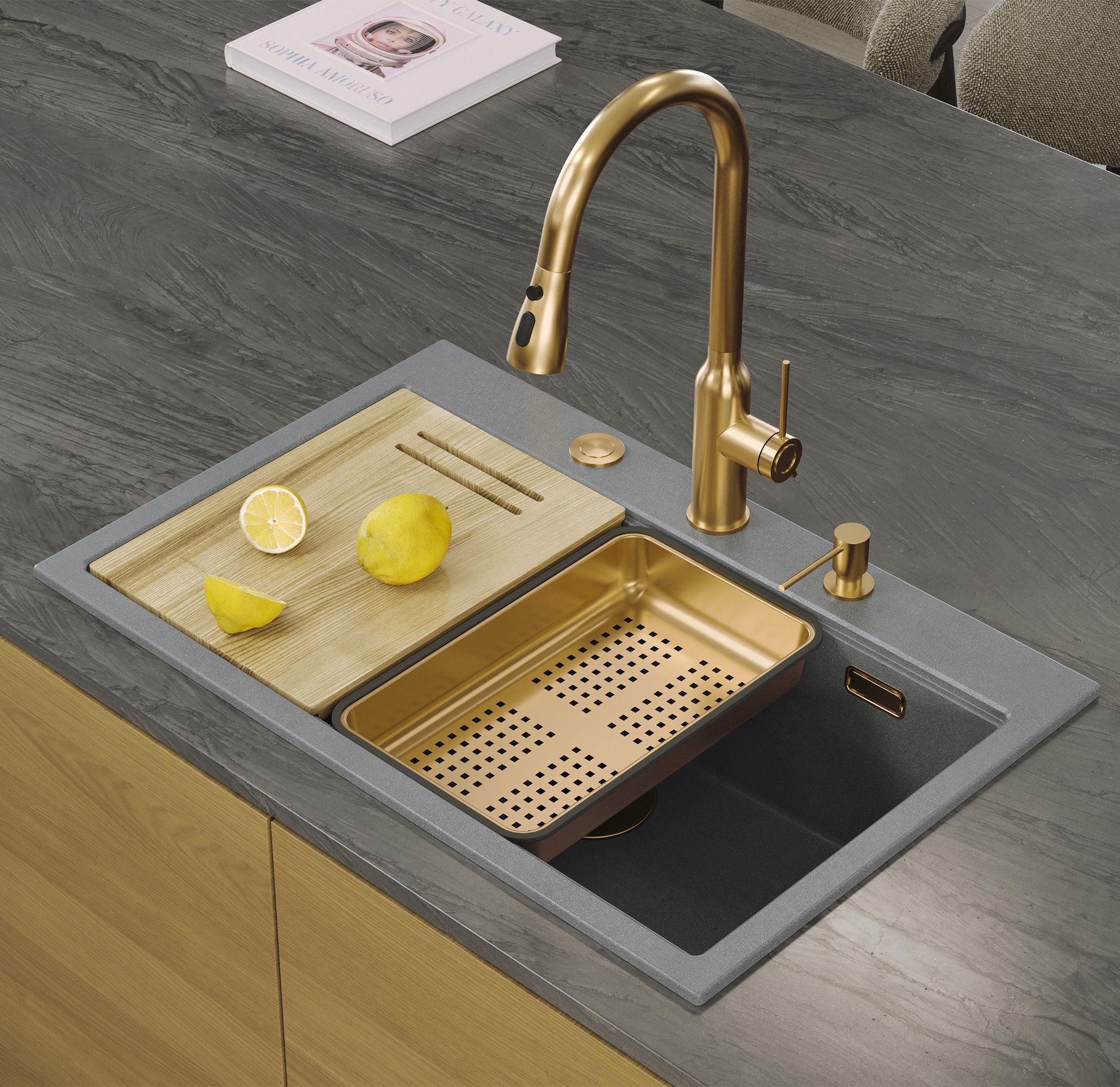 Lavello In Granito Marc 110 Workstation Grey Metallic Acciaio