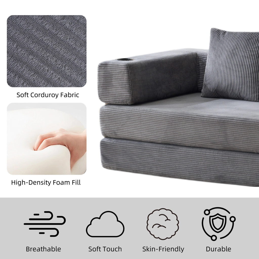 Divano letto pieghevole con funzione letto, tasche laterali e portabicchieri in velluto a coste grigio scuro per salotto