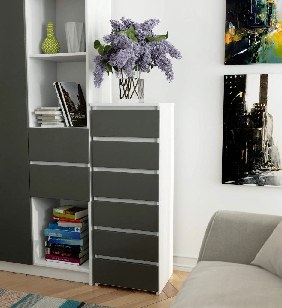 Cassettiera AKORD CL6 Cassettiera Bianca 40 cm 6 cassetti inserto frontale Grigio Grafite 40x35x109 cm