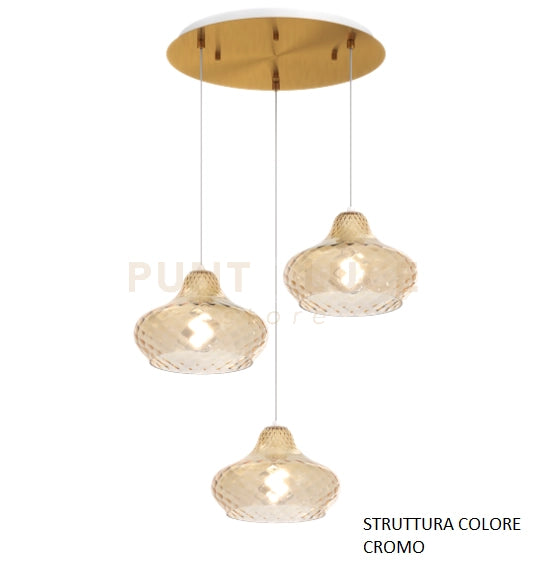 SOSPENSIONE CROMO 3 LUCI TONDA VETRI PICCOLI AMBRA 1191CR-S3 TP-AM