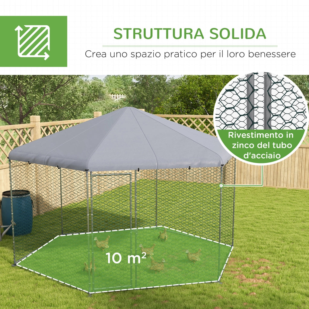 Recinto per Animali da Giardino ¨C Xylo ¨C Acciaio con Tetto e Porta Bloccabile 4x3.5x2.6m
