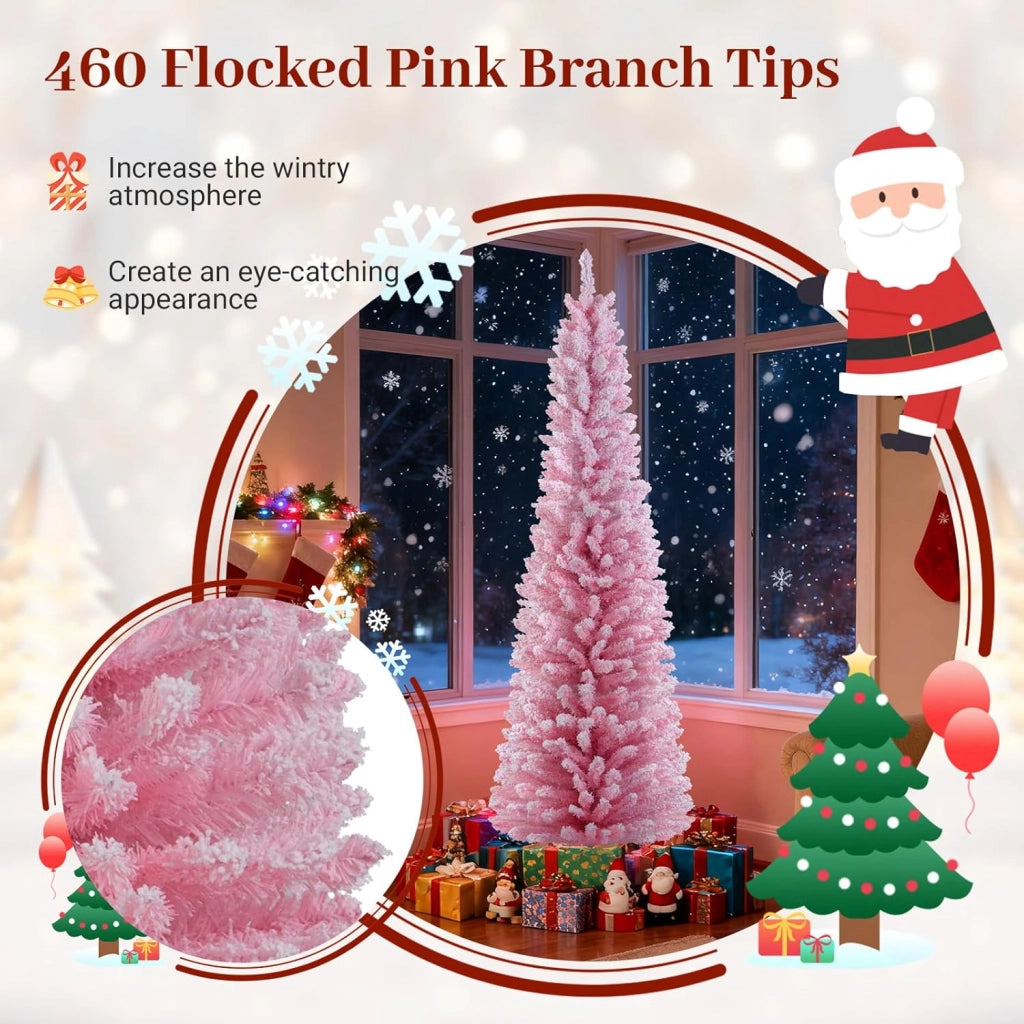 180 cm Albero di Natale Artificiale Rosa, Albero di Natale a Matita con 460 Punte di Rami Innevati e Base Pieghevole in Metallo, Albero non Illuminato per Festa e Decorazione