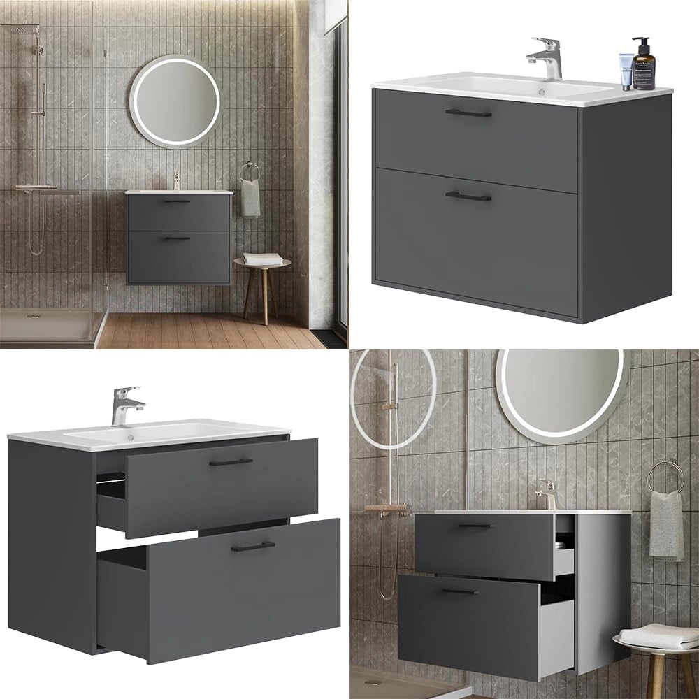 Set di mobili da bagno Lanco, Antracite, 80 x 61.5 cm con lavabo, composto da mobile sottolavabo e lavabo