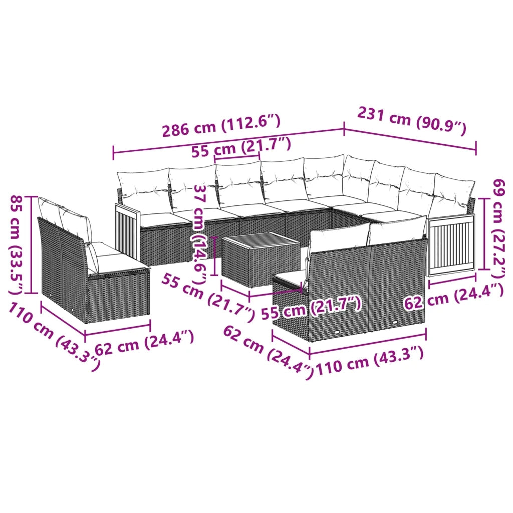 Set Divani da Giardino 13pz con Cuscini Nero in Polyrattan 3228156