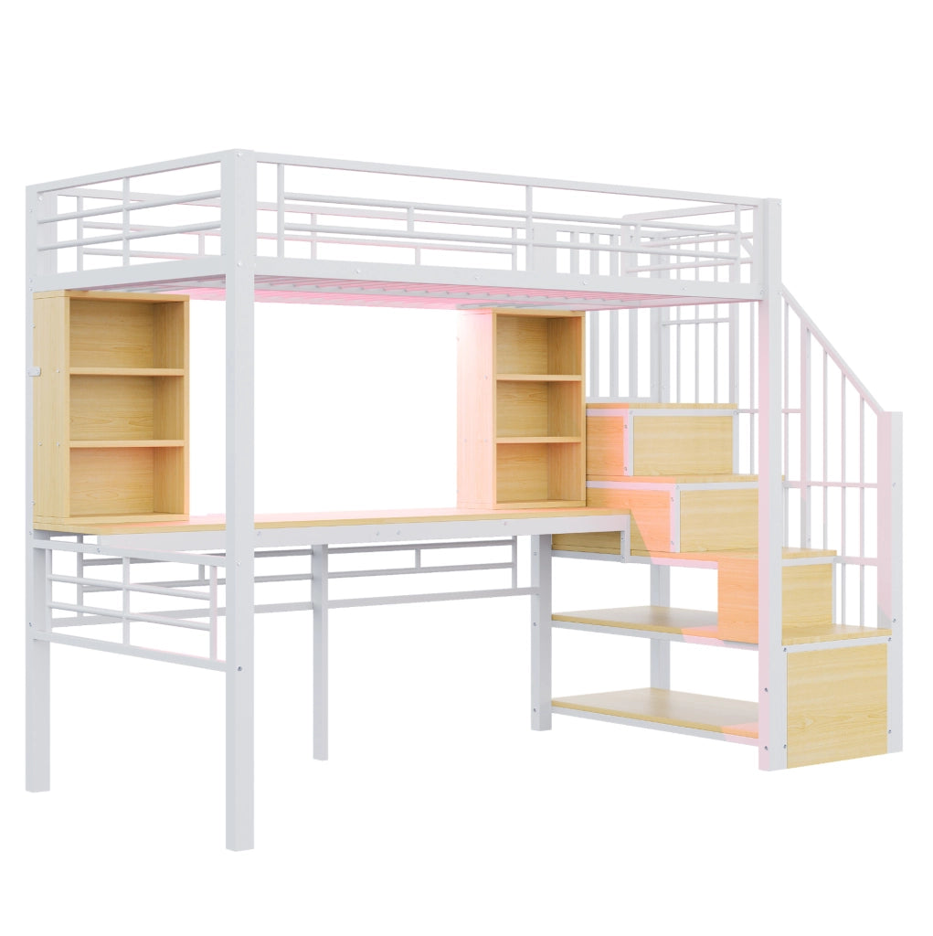 Letto a soppalco 90x200 cm con scrivania; scala contenitore; LED e presa europea; bianco