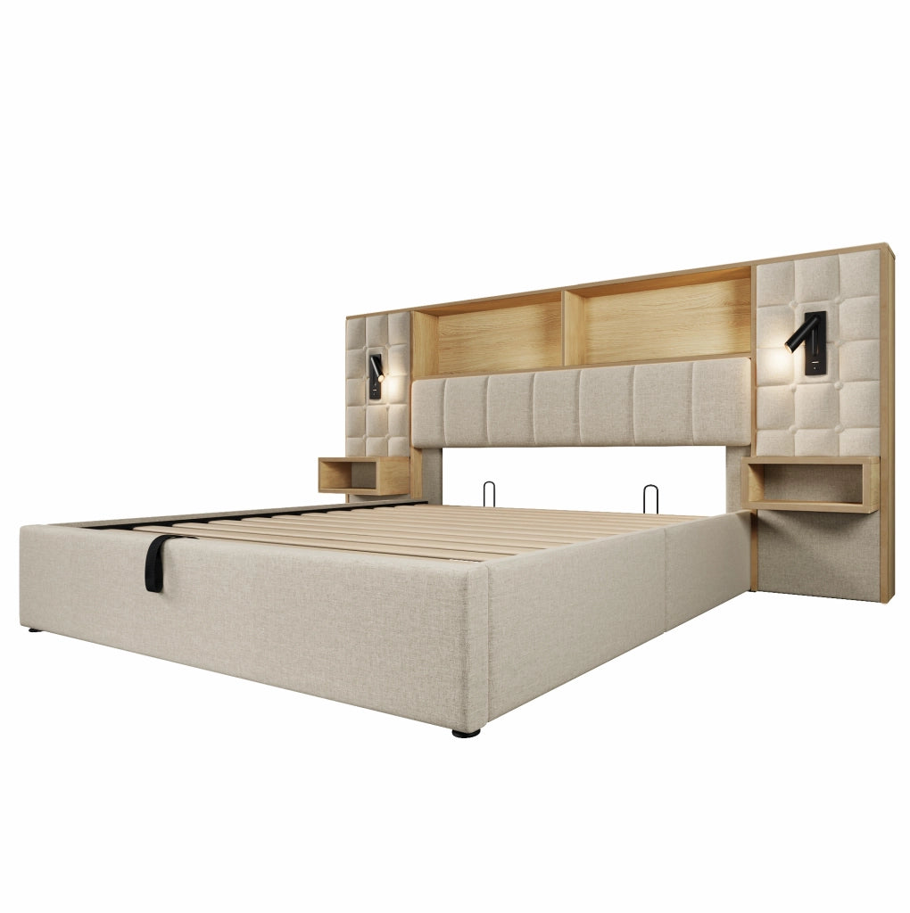Letto matrimoniale 180x200 cm con contenitore; comodini sospesi; luci da lettura USB e Type-C; beige