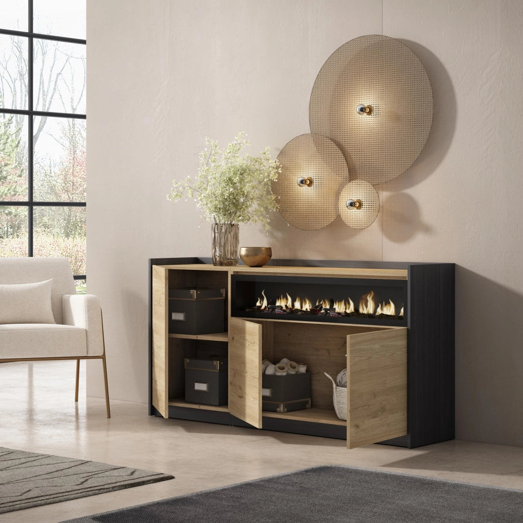 Credenza, Mobile, Cucina, 156x80x37 cm, 3 Porte, Camino elettrico, Rovere e nero