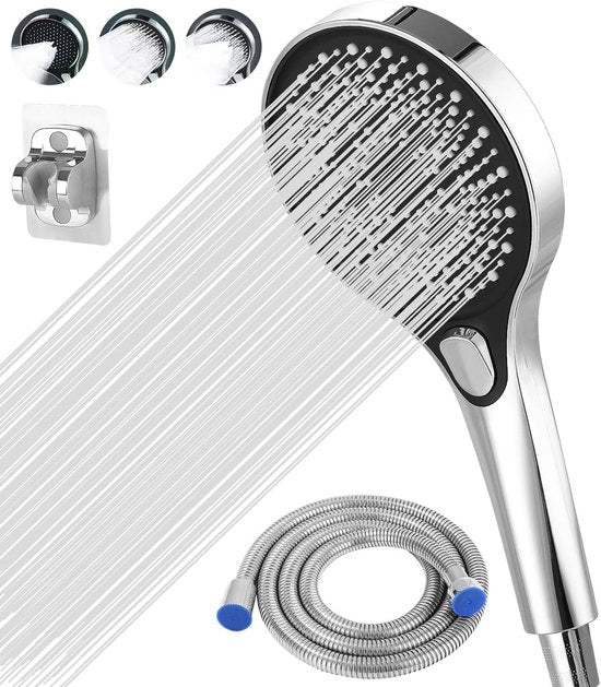 Douchekop con goccia 1,5M, doccia a mano con 3 tipi di getto e supporto, testa di doccia rotonda (diametro 130 mm), doccia ad alta pressione, economia testa di doccia, grande testa di doccia duratura, testa di doccia con goccia.