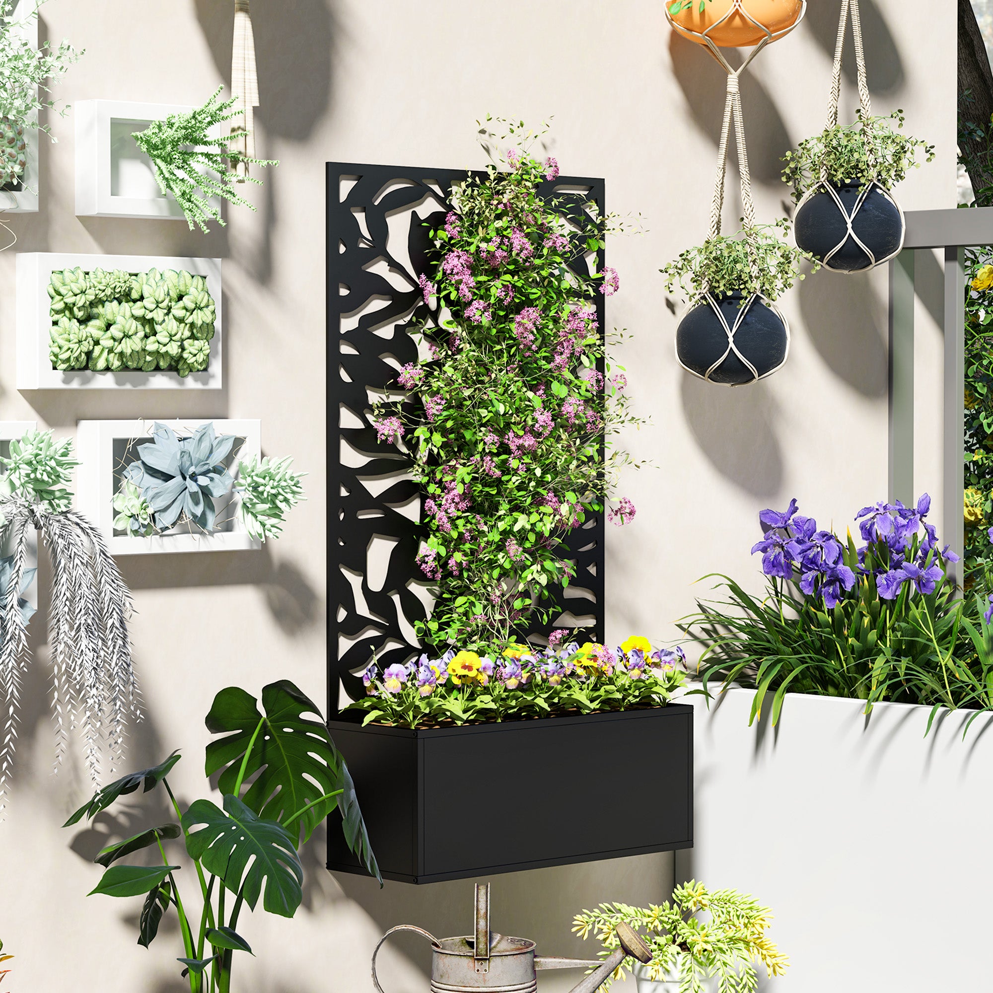 Fioriera con Spallier 61x23x113 cma per Rampicanti Montaggio a Parete o a Terra in Acciaio Nero