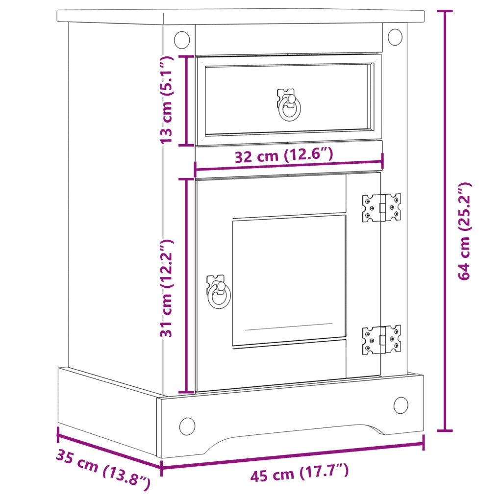 Comodino-Tavolino da notte Corona 45x35x64 cm in Legno Massello di Pino 747218