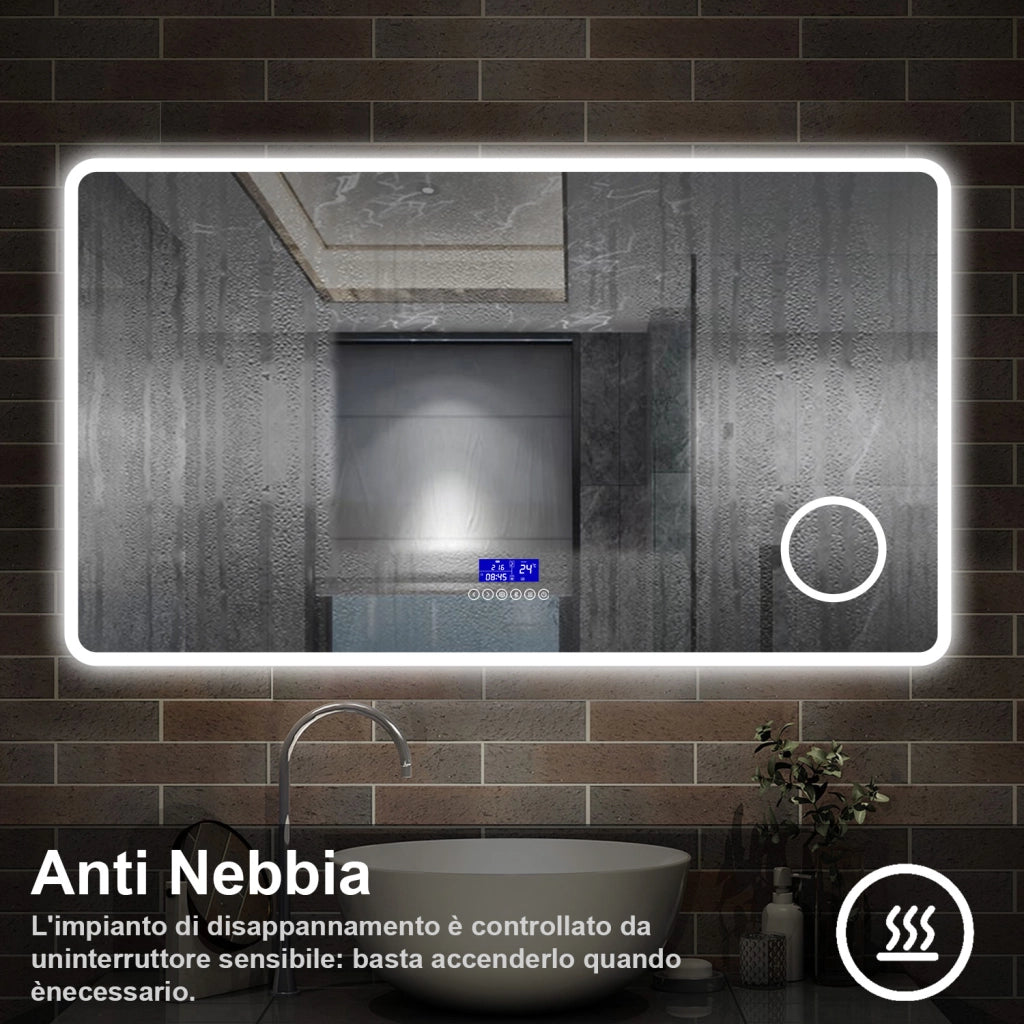 specchio rettangolare 120x70 cm con luce dimmerabile a 3 colori, bluetooth, antiappannamento e ingranditore 3x