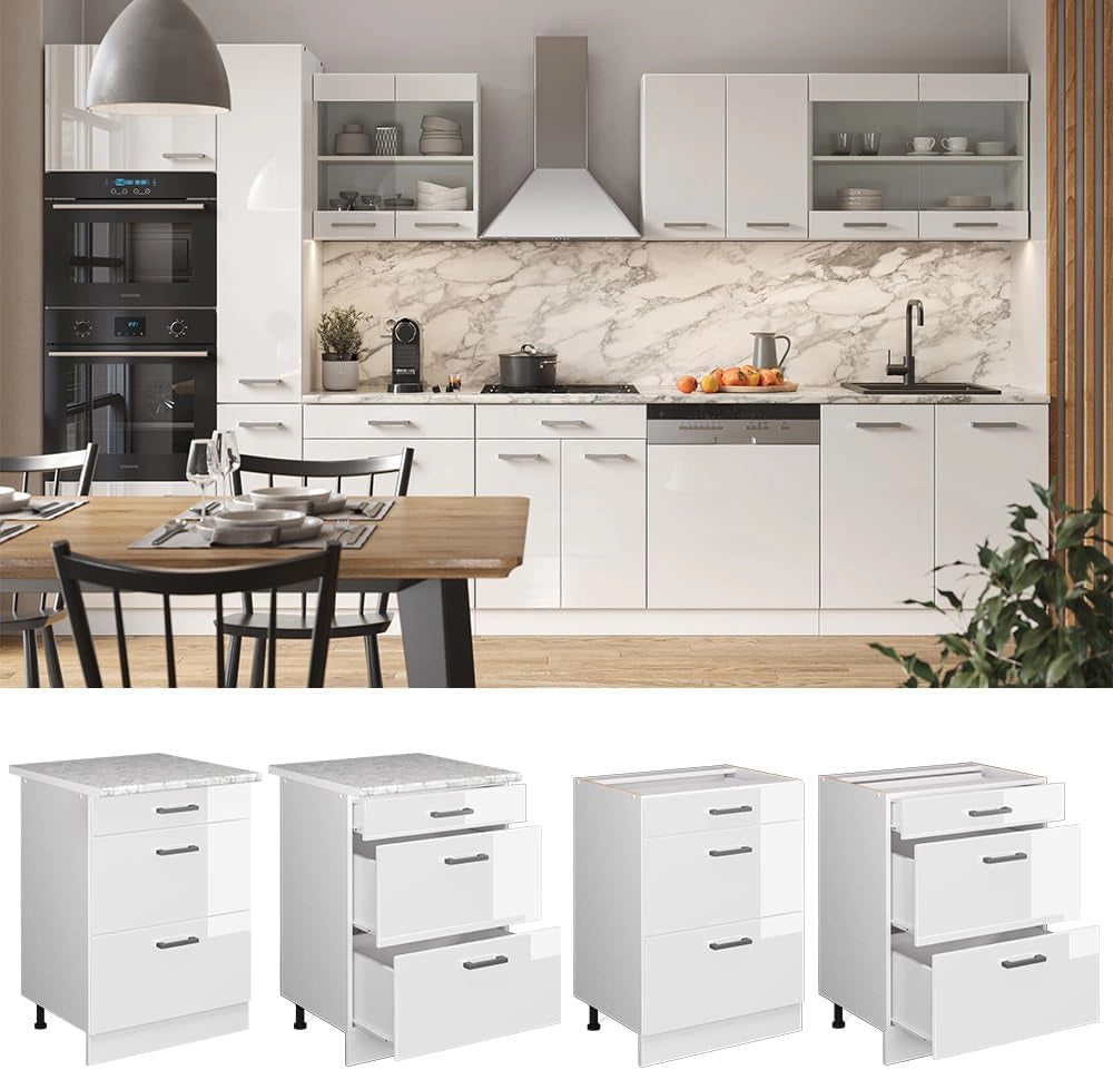 Mobiletto base per cucina R-Line, Bianco lucido, 60 cm con cassetti, senza piano di lavoro, per la libera combinazione all'interno di sistemi cucina modulari