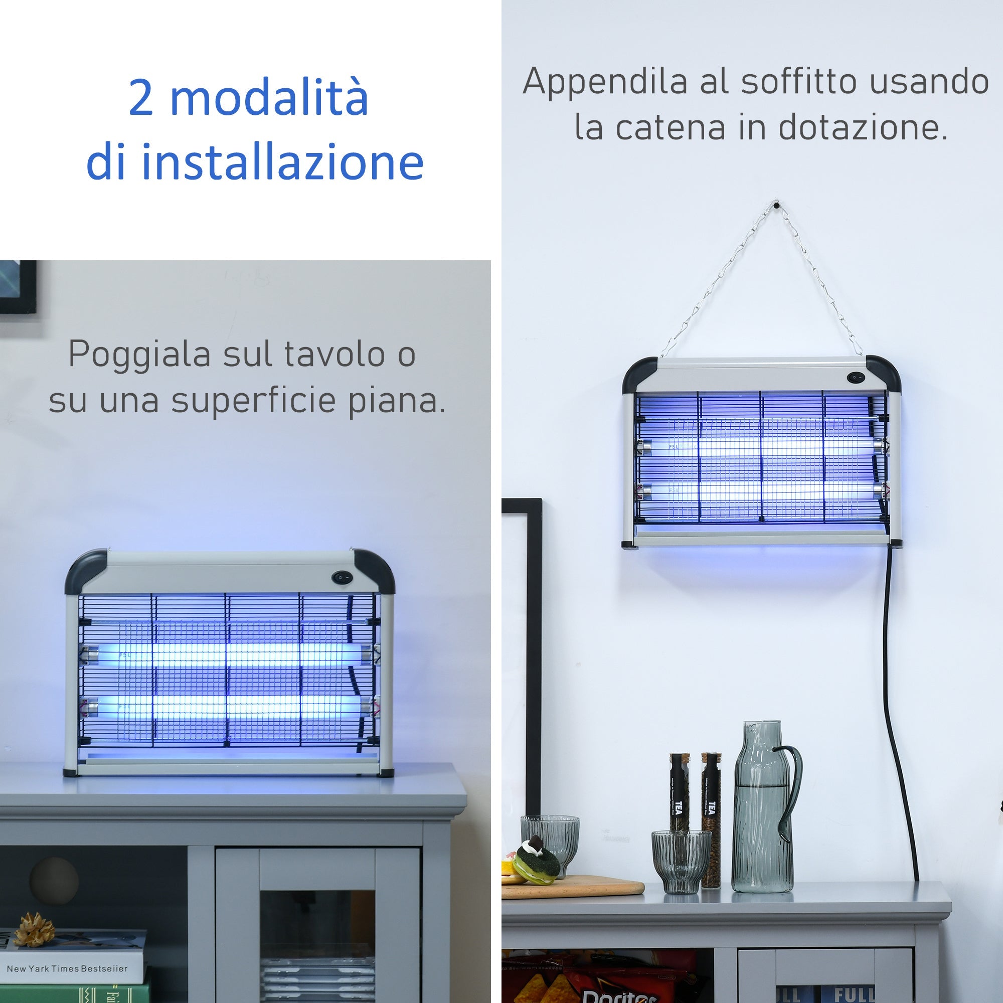 Zanzariera Elettrica 2 Lampade LED 20W Argento e Nero