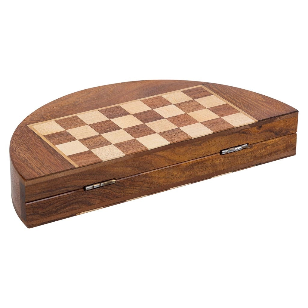 Scacchi magnetici con scatola semirotonda in legno marrone d23x2h