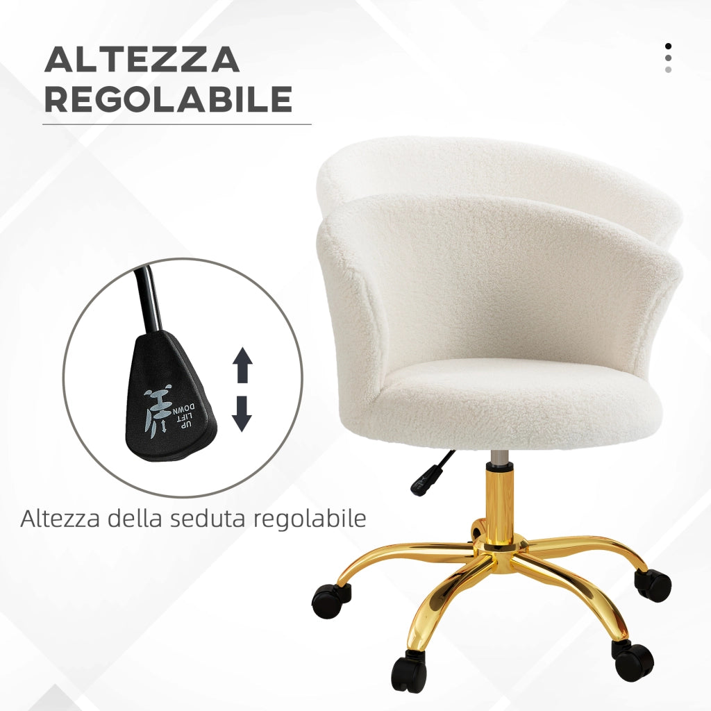 Sedia da Ufficio Regolabile in Altezza con Seduta Girevole e Rivestimento in Velluto Teddy. Bianco e Oro