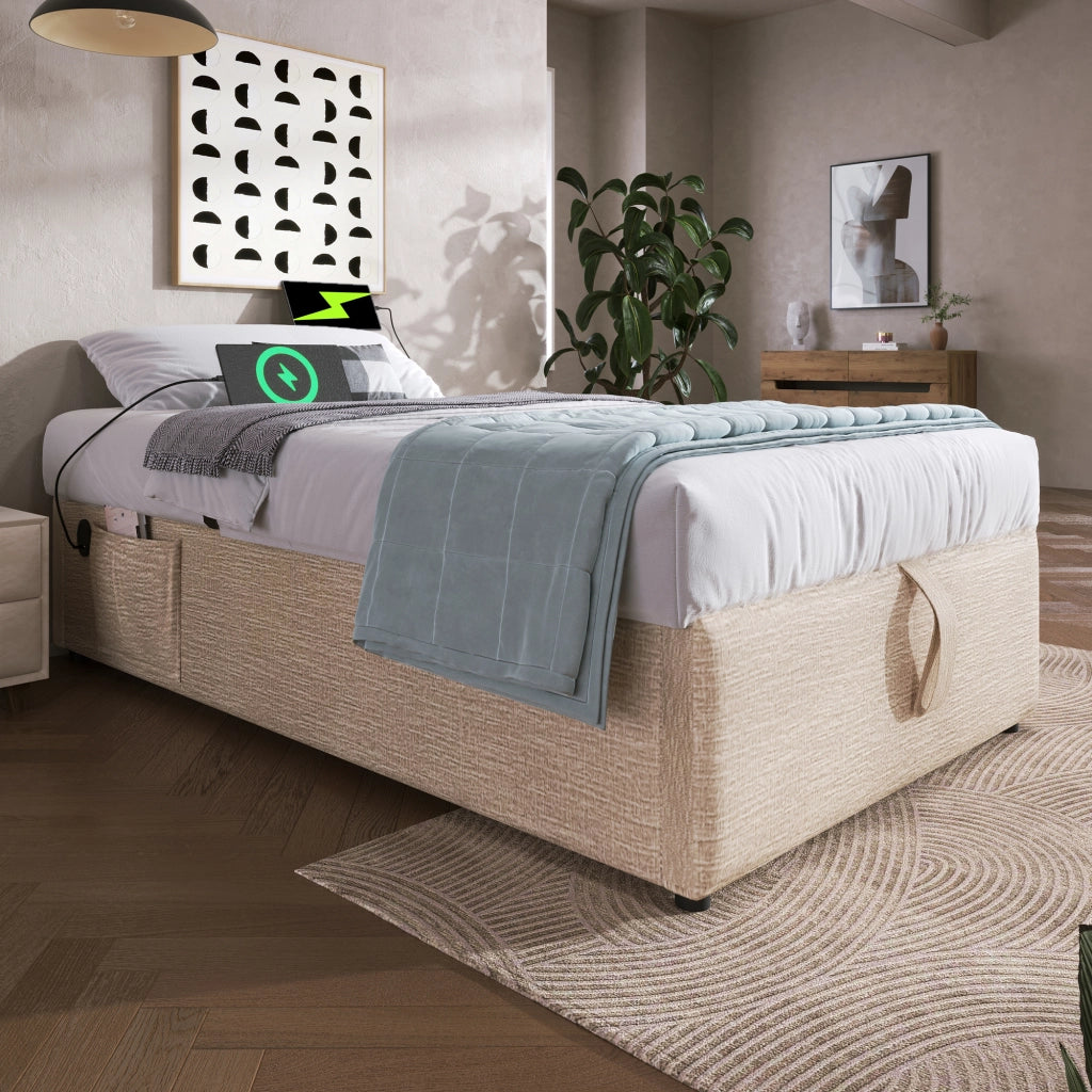 LETTO contenitore 90x200 cm in lino beige/naturale con USB/Type-C, senza testiera