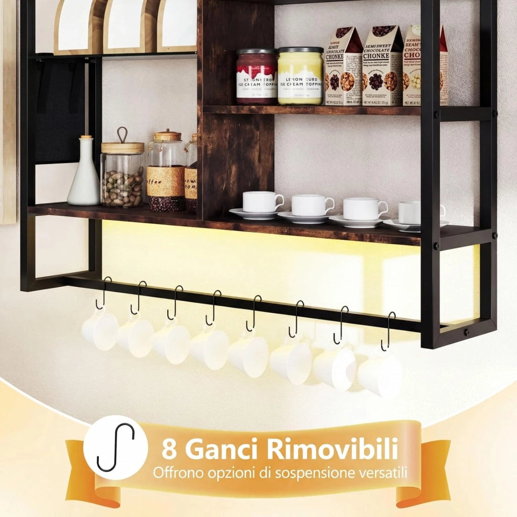 Mensola da Parete 107 cm, Scaffale a 6 Livelli con Luci LED, Controllo Remoto e APP, 8 Ganci a S e Tasca Laterale Rimovibile, Espositori per Bar Cucina Salotto Bagno