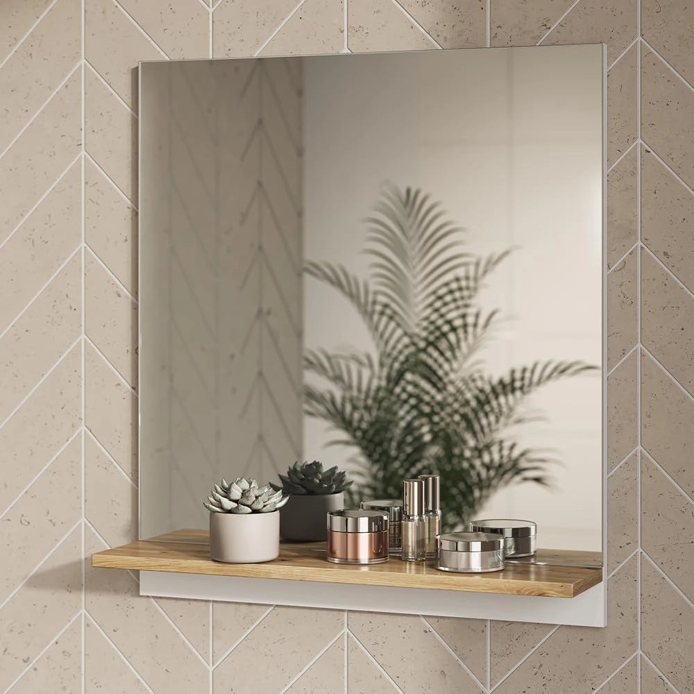 Specchio contenitore bagno Marelle, Bianco/Artisan, 60 x 67 cm con ripiano, adatto per il montaggio a parete in ambienti umidi