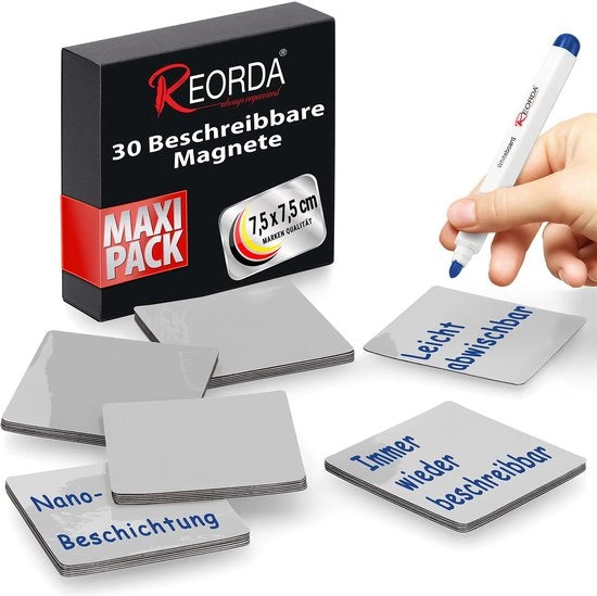 Strisce Magnetiche Descrivibili - 30 Magneti Descrivibili - 7,5 x 7,5 cm (Grigio) - Magneti Descrivibili per Tabelloni Whiteboard, Tavole Kanban, Tavole Magnetiche o come Magneti Descrivibili per la Dispensa