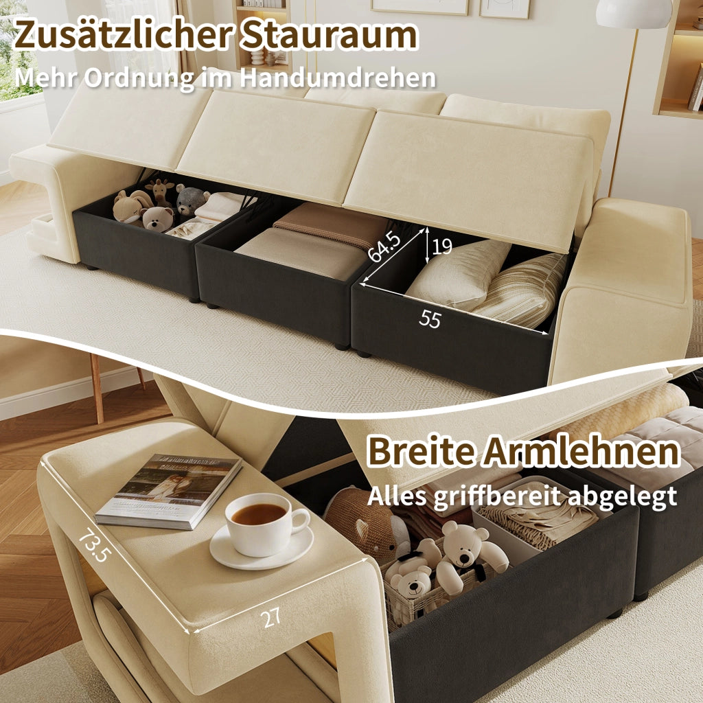 Divano 3 posti con nicchie laterali per animali e contenitori sotto seduta in velluto beige 229,5 × 78 × 84 cm